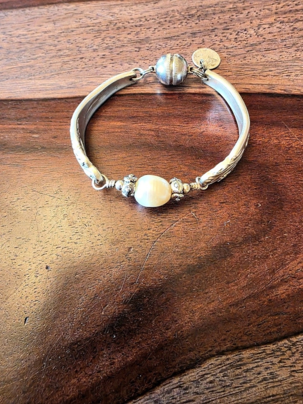Twisted Sisters Pearl Charm Bracelet in Silver & White
